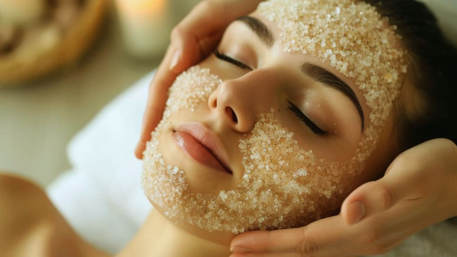 A woman receiving a facial treatment while wearing a soothing face mask in a serene spa environment.