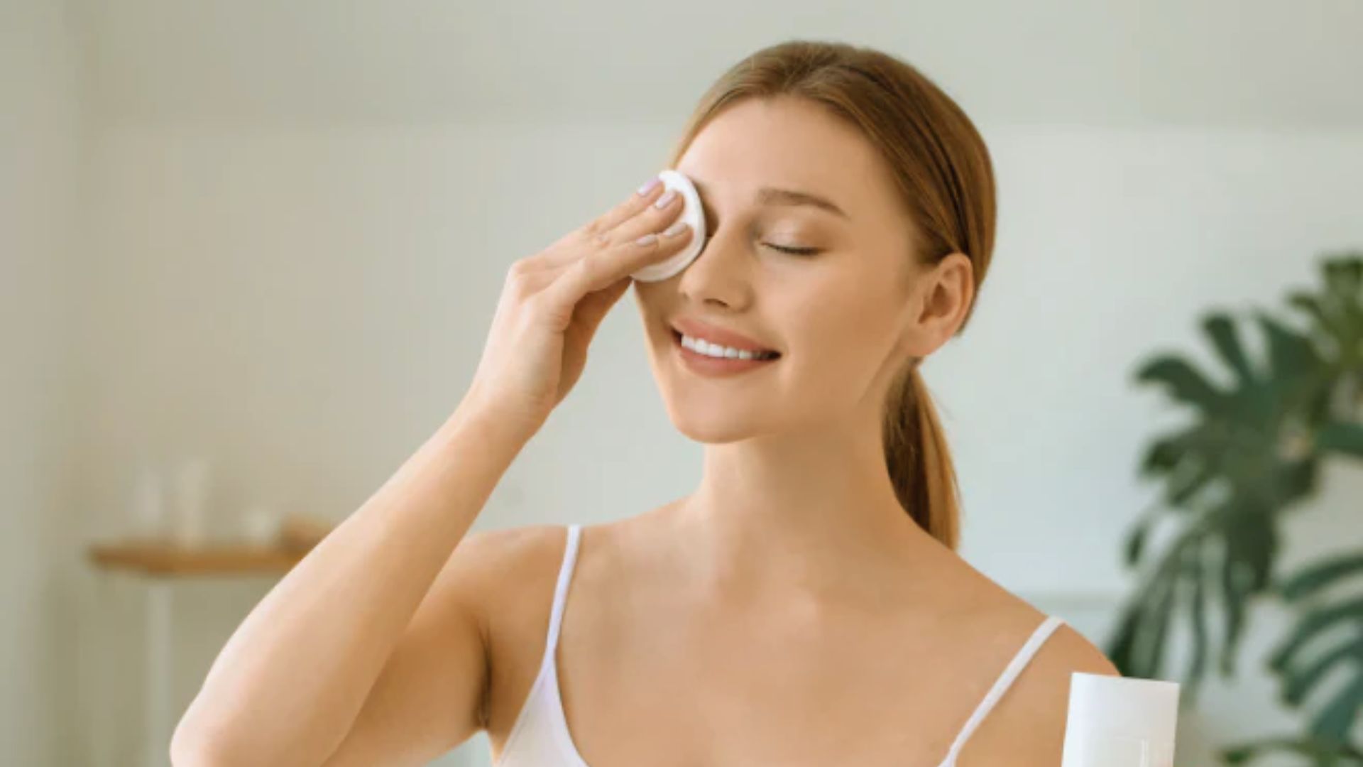 A woman is gently wiping her face with a cloth, appearing refreshed and focused.