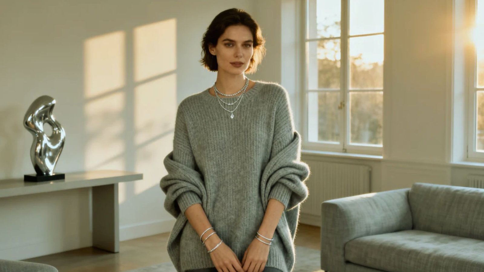 A woman in a grey sweater stands in a cozy living room, surrounded by warm lighting and comfortable furniture.
