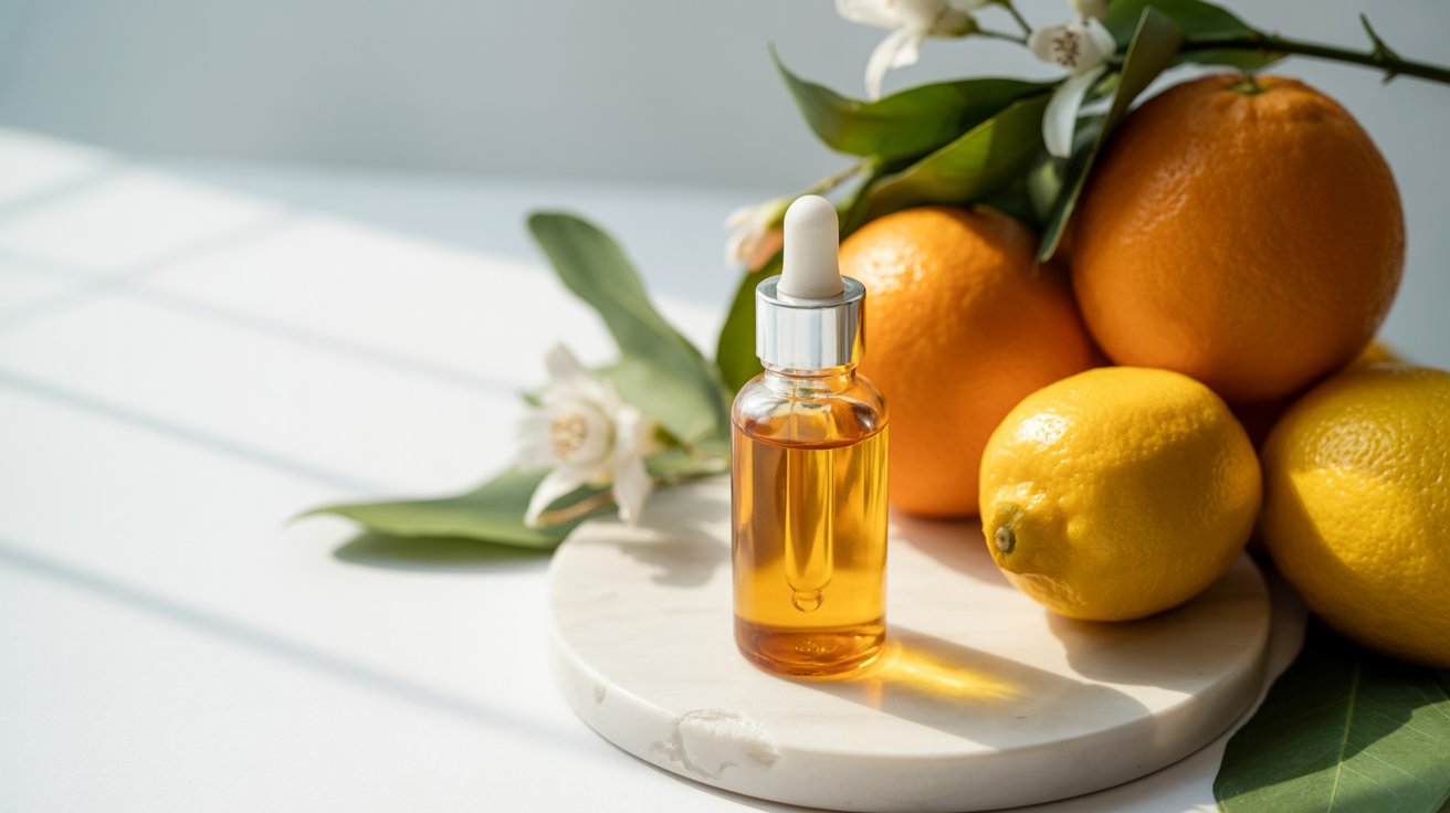 Citrus essential oil bottle with a dropper, surrounded by fresh citrus fruits, highlighting its use in skin care.