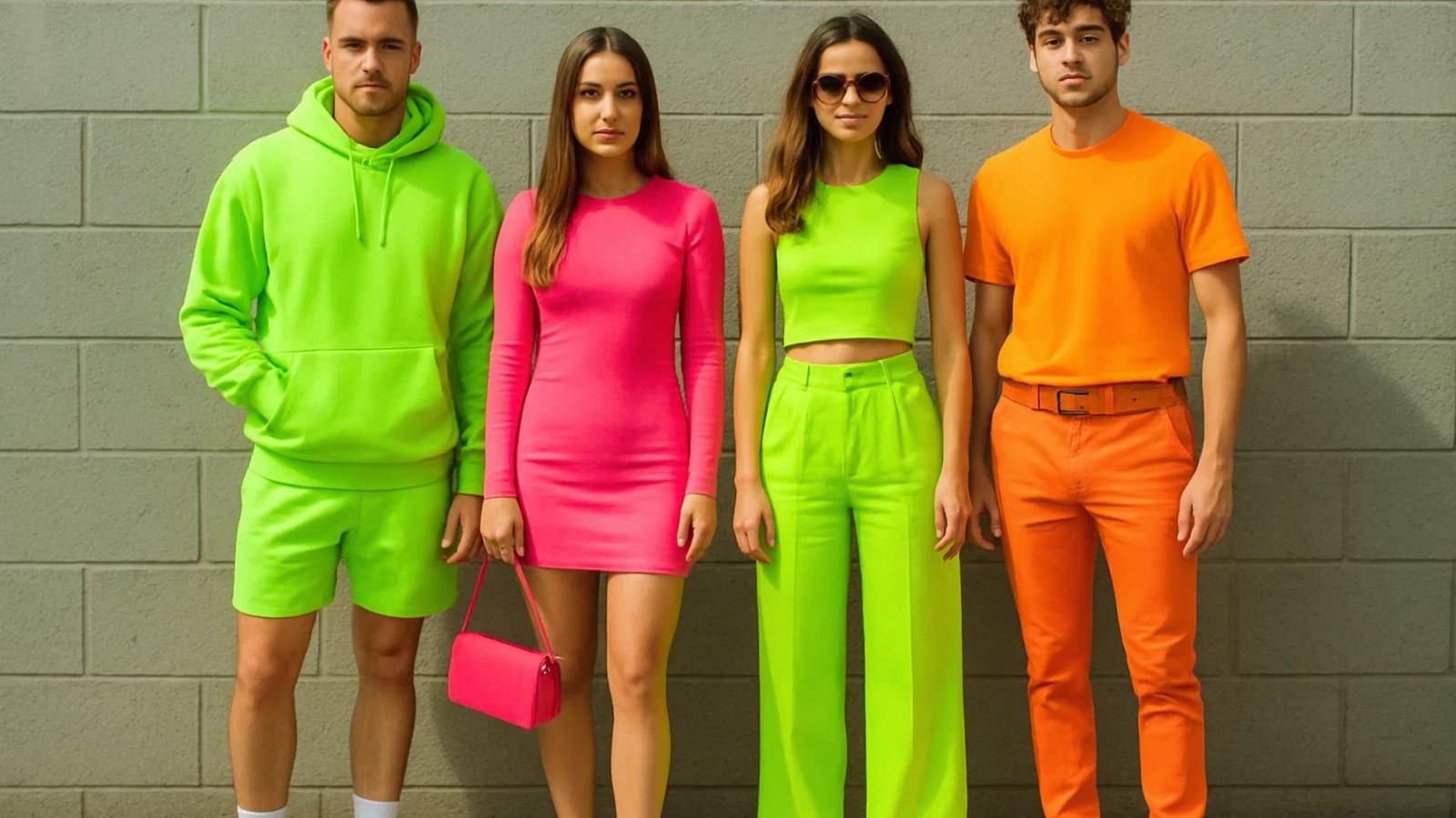 A diverse group of individuals dressed in vibrant neon outfits, standing together and smiling at the camera.