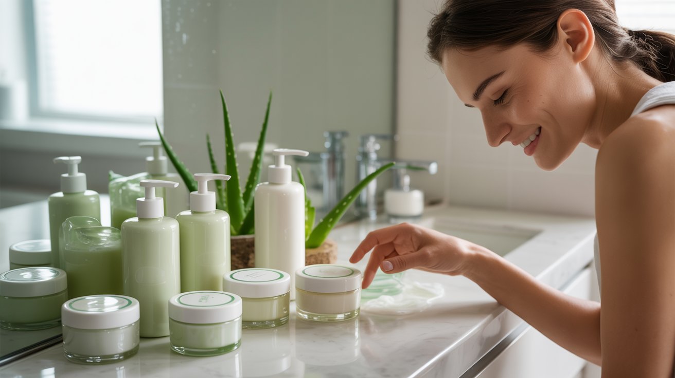 A woman examines her reflection in a bathroom mirror, focusing on her face and grooming.
