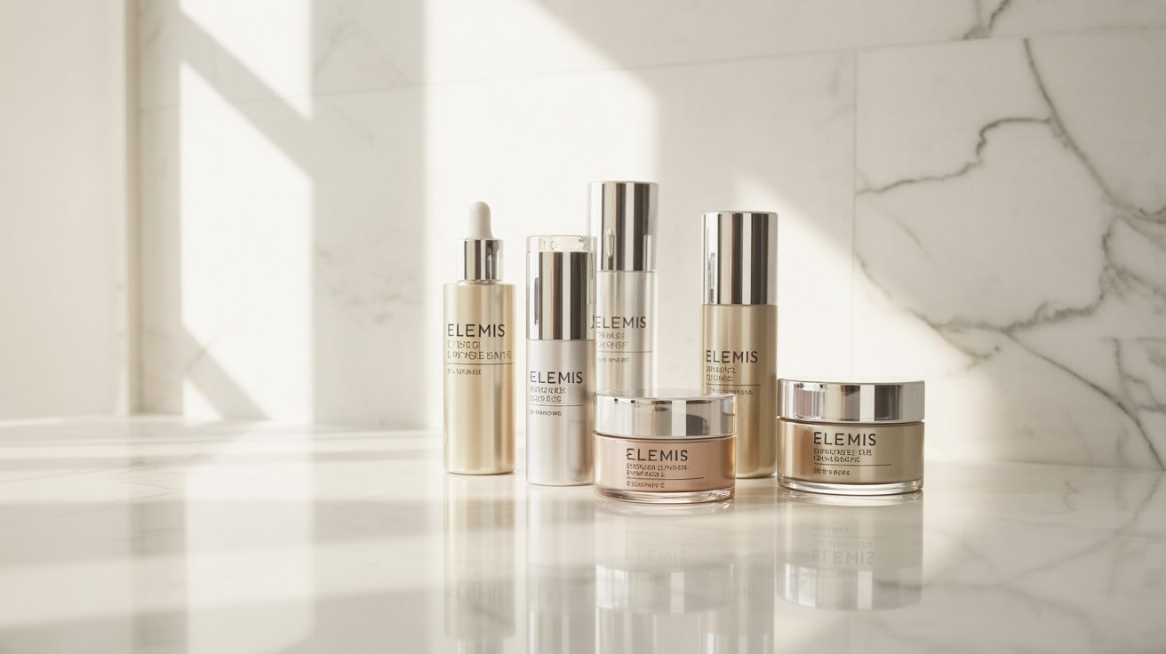 A variety of skin care products arranged neatly on a polished marble counter.
