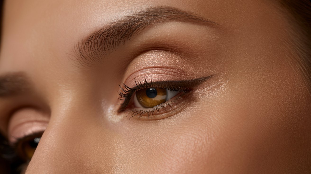 A close-up of a woman's brown eye, accentuated with brown eyeliner, highlighting her natural beauty.