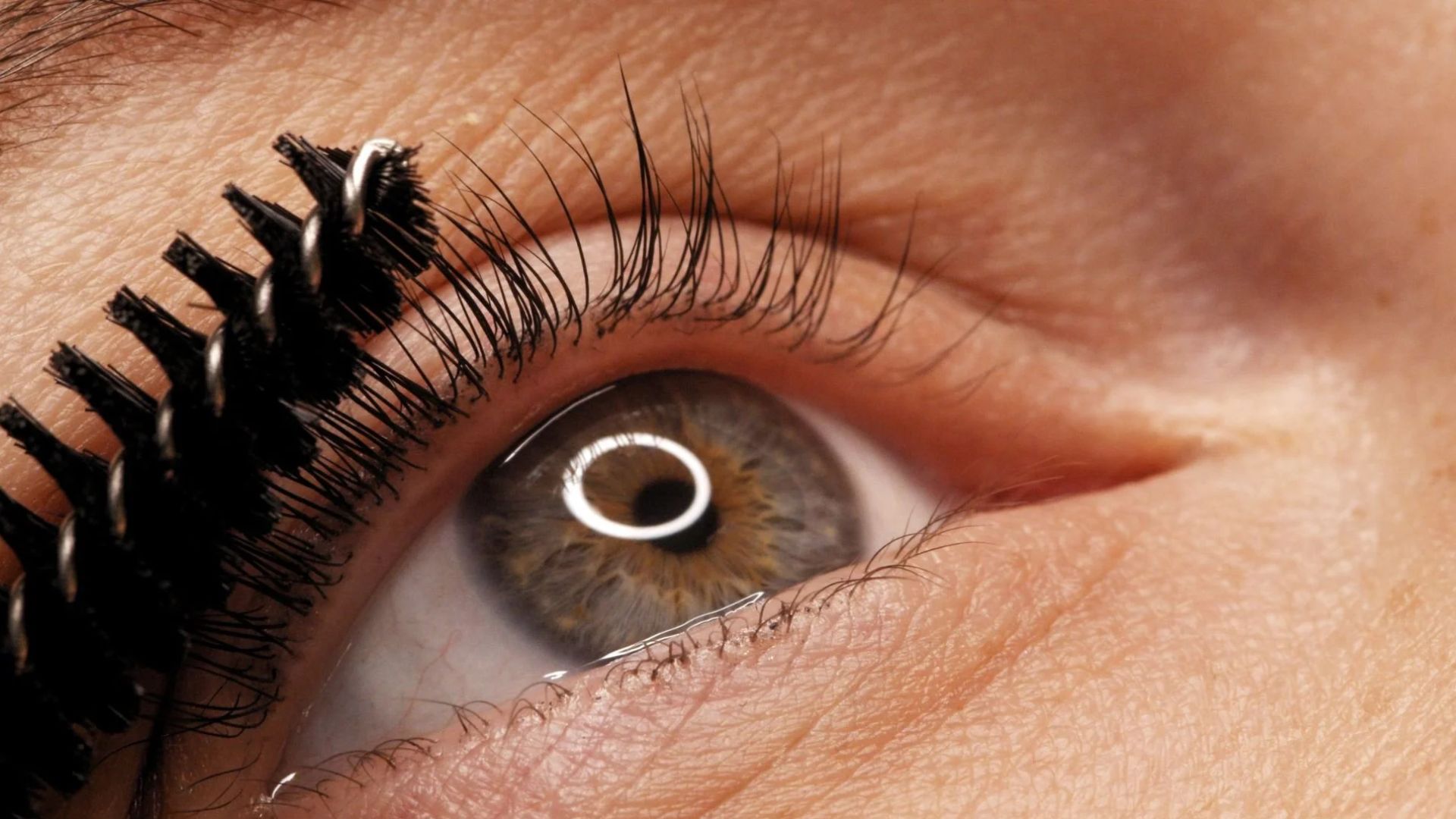 A close-up of a woman's eye with a makeup brush poised near her lashes, highlighting her eye's detail and beauty.