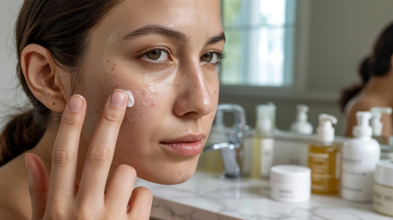 A woman applies cream to her face, focusing on skincare in a bright, well-lit bathroom setting.