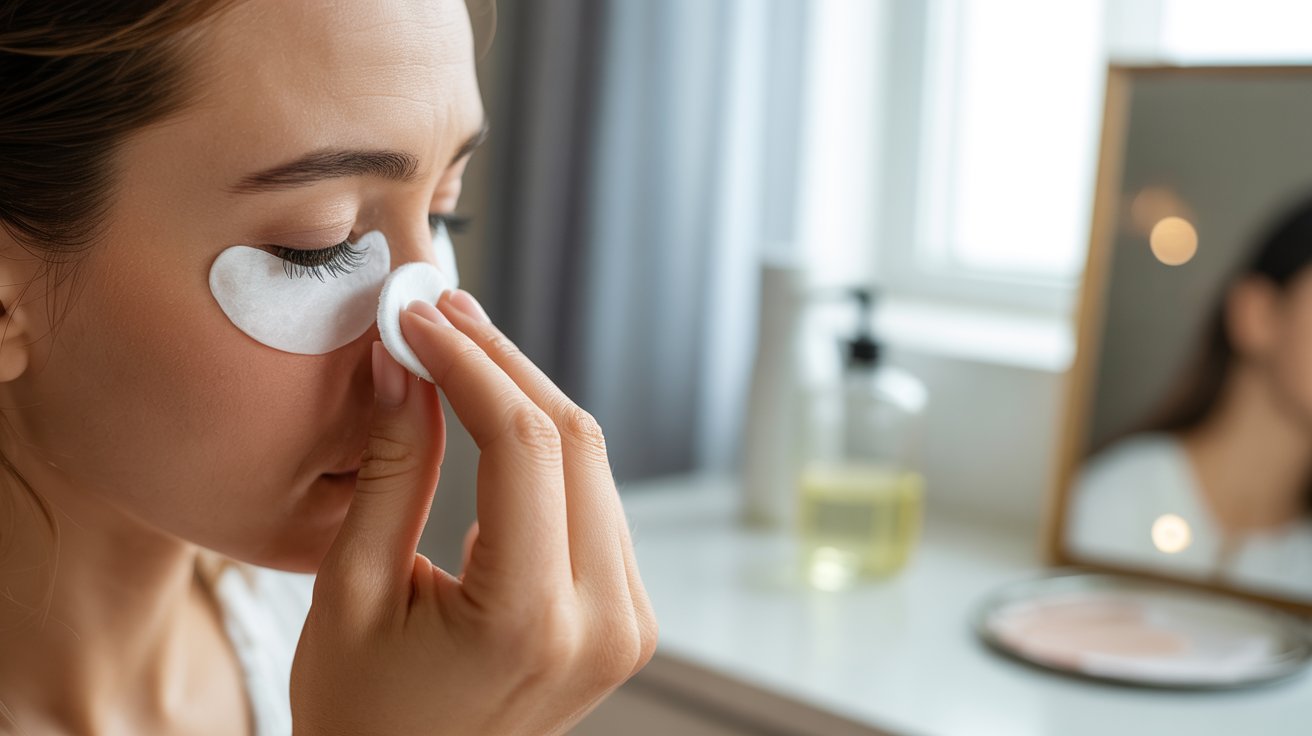 A woman gently applies eye cream to her under-eye area, focusing on skincare and self-care.