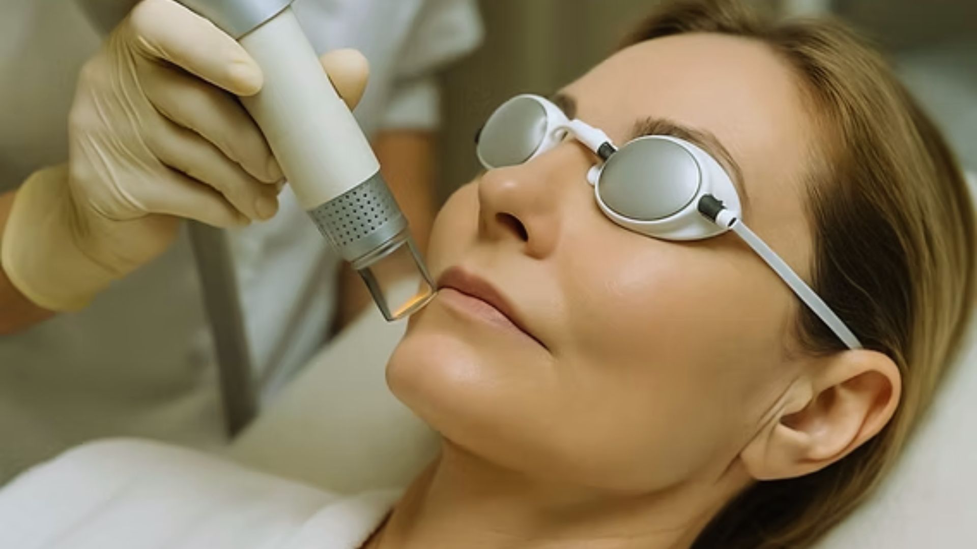 A woman receiving a laser treatment in a clinical setting, focused on her skin care procedure.