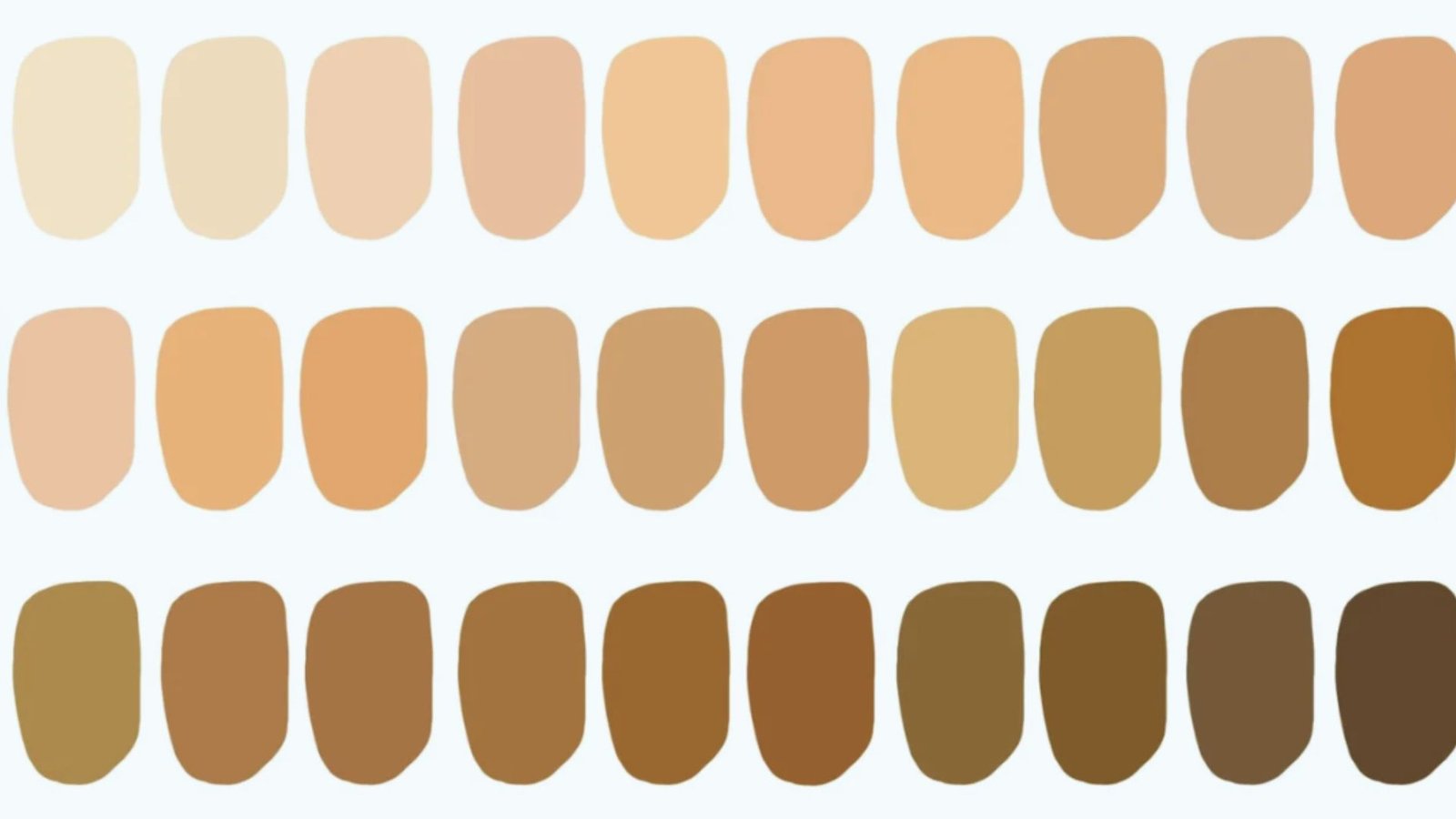 A collection of foundation shades displayed in various tones, showcasing a range of skin color options.