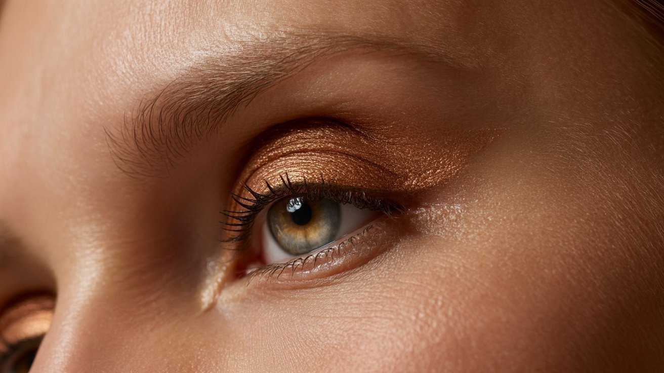 Close-up of a woman's brown eye, showcasing intricate details of the iris and eyelashes.