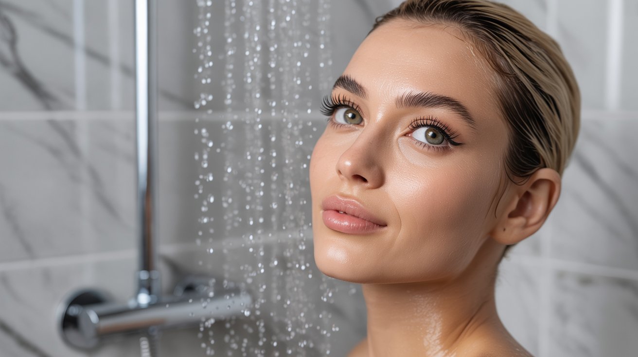 A woman stands in front of a shower head, preparing for a shower in a bright, modern bathroom setting.