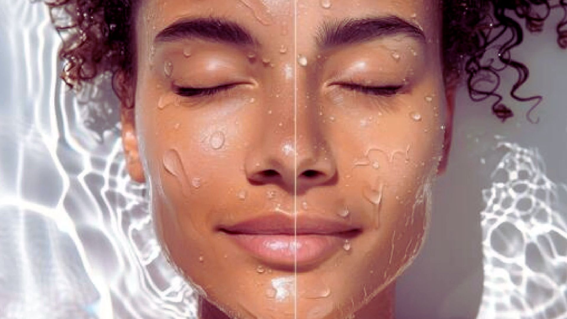 A woman with her face submerged in water, droplets cascading down her features.