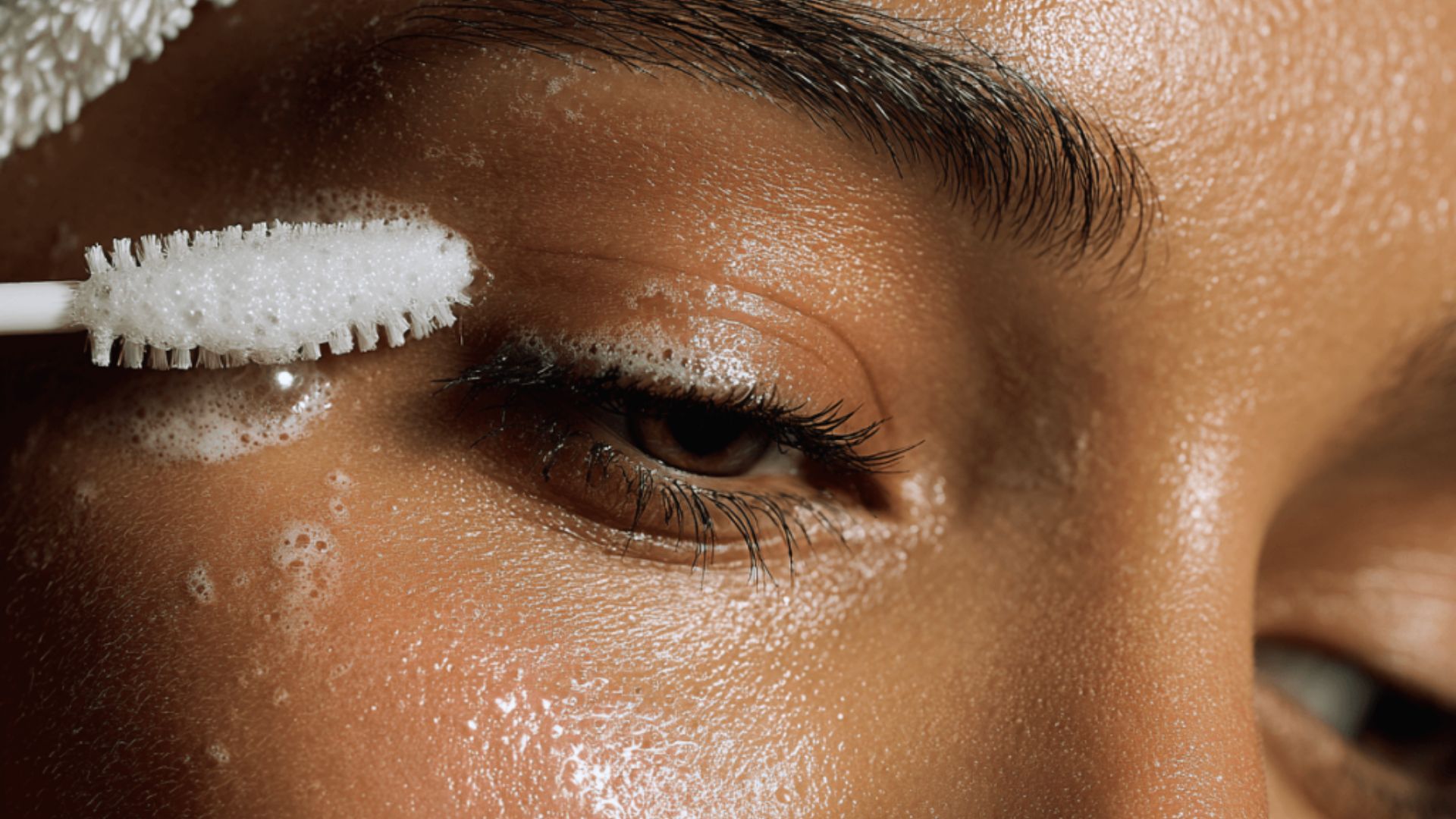 A woman gently brushes her eyelashes while cleaning her eye with a makeup brush.