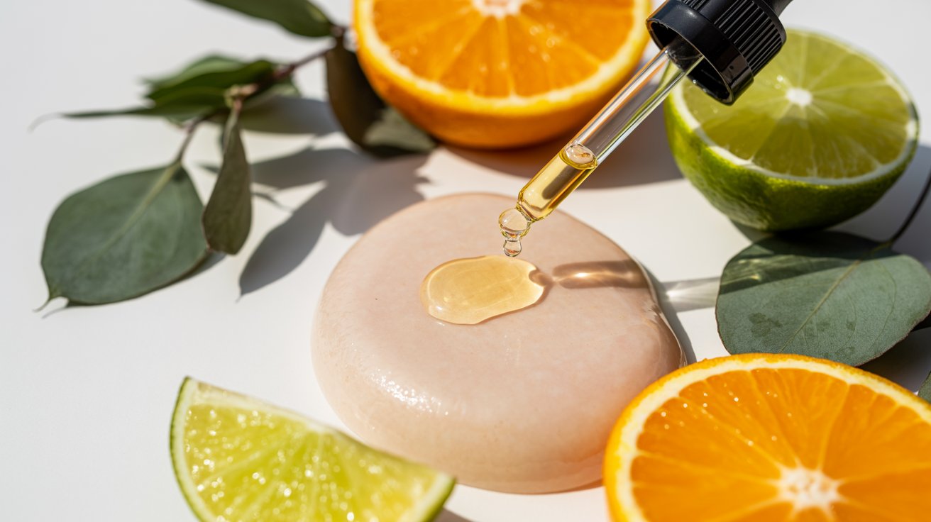 A soap bar adorned with orange slices and a drop of oil, showcasing a refreshing and natural aesthetic.