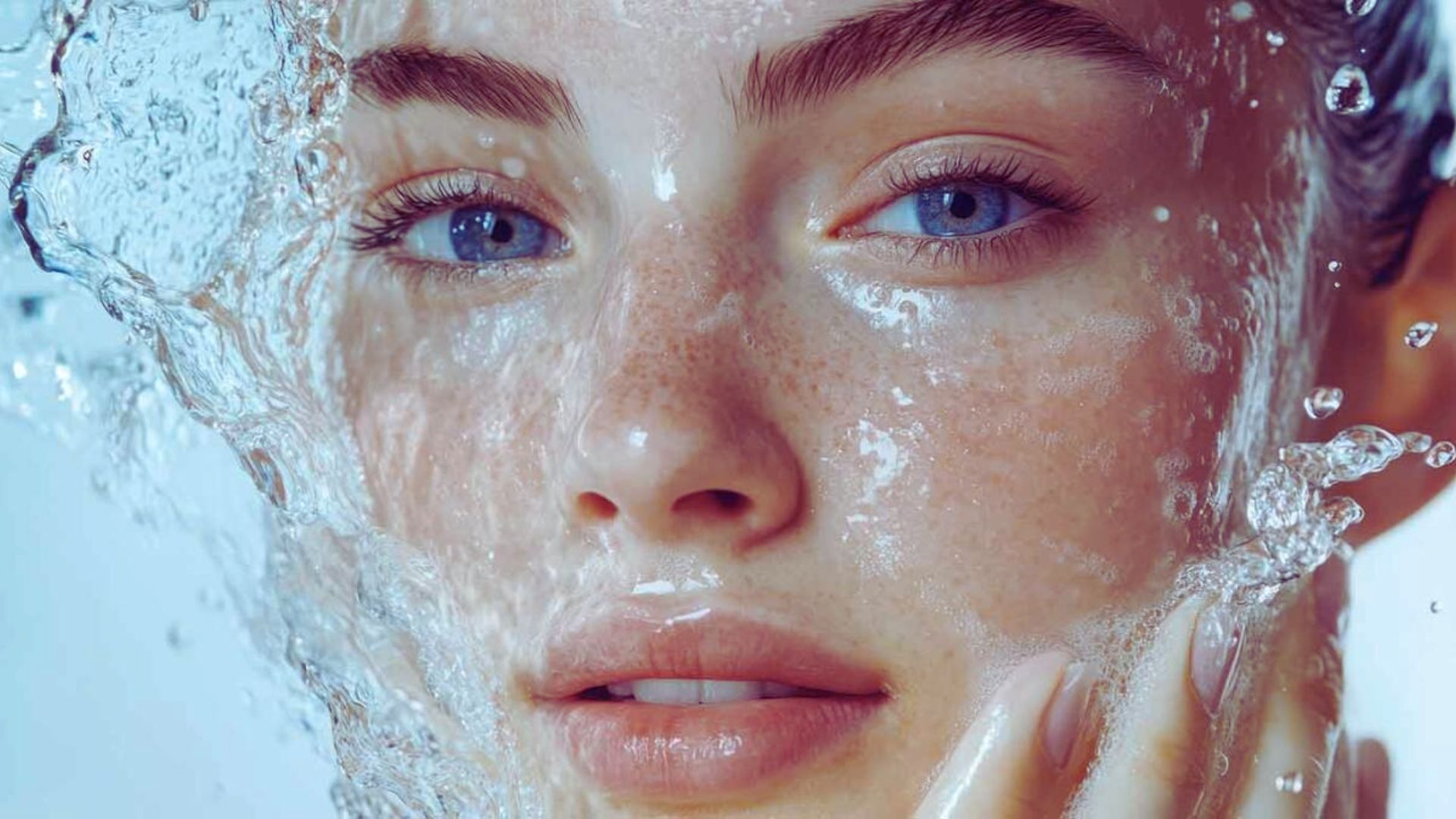 A woman with blue eyes stands under a shower, water cascading down her face and shoulders.