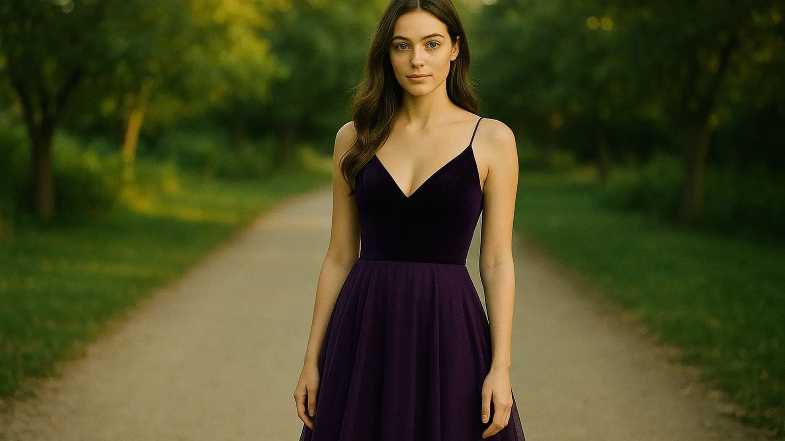 A woman in a purple dress stands confidently on a dirt road surrounded by greenery.