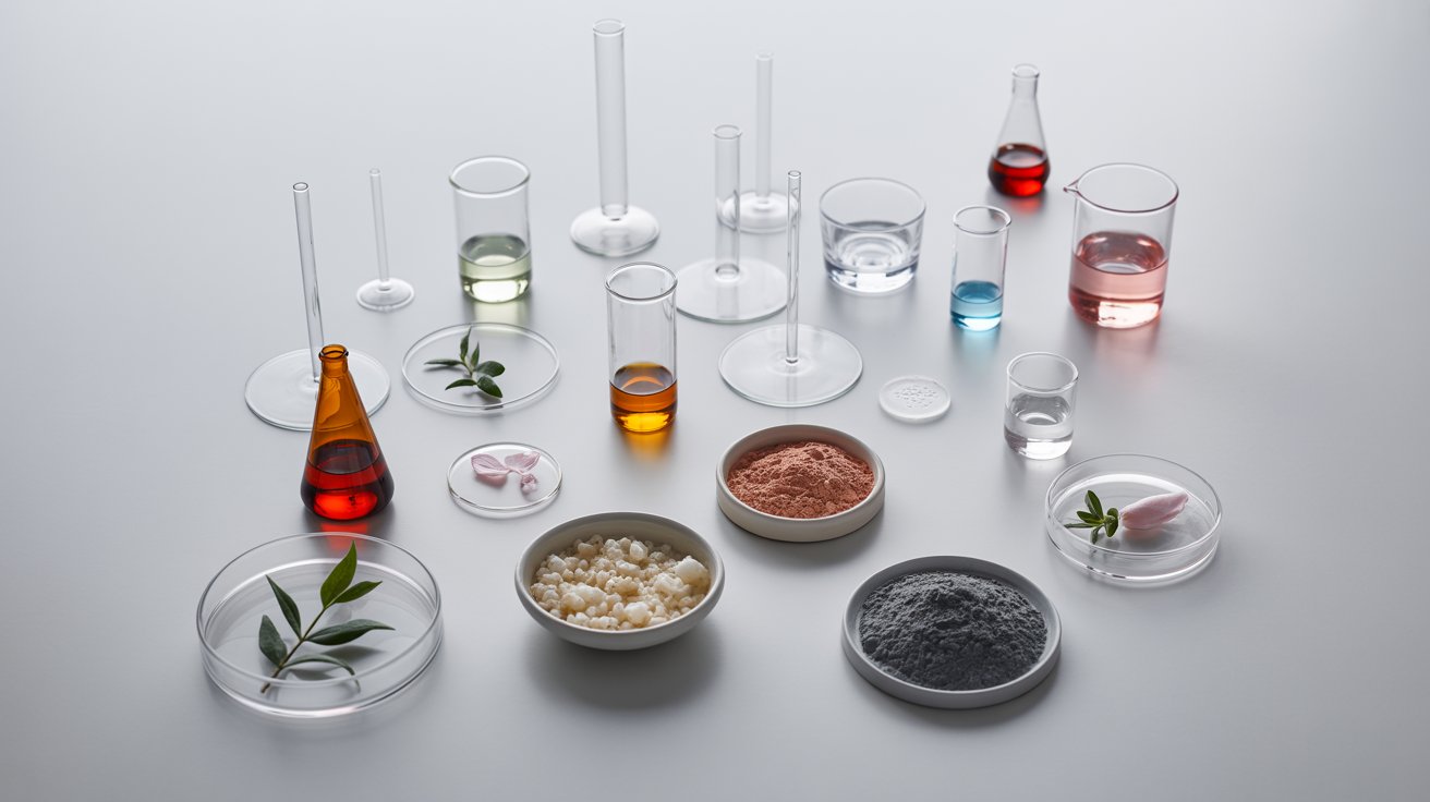 A collection of glassware filled with various colored liquids, showcasing a spectrum of hues and textures.
