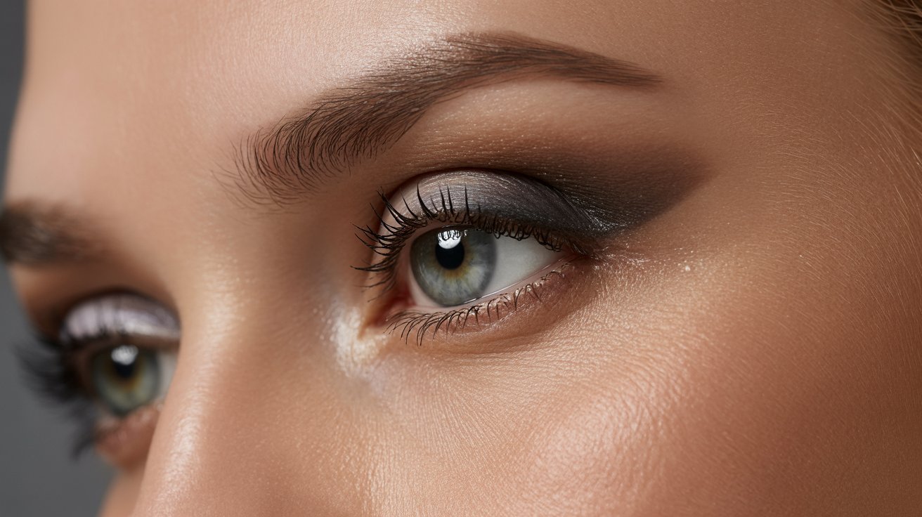 Close-up of a woman's eye showcasing intricate makeup, highlighting vibrant colors and detailed eyeliner.