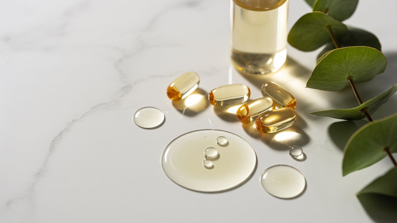 A bottle of vitamin E oil alongside several vitamin E capsules on a neutral background.