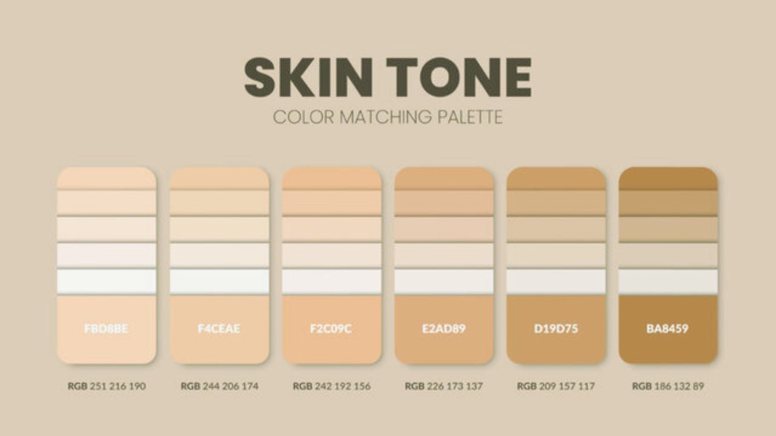 A color matching palette displaying various skin tone shades for accurate color selection in cosmetics or art.