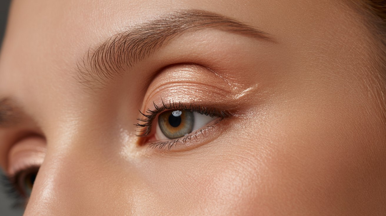 A close-up of a woman's eye adorned with rich brown eye shadow, highlighting her features and enhancing her gaze.