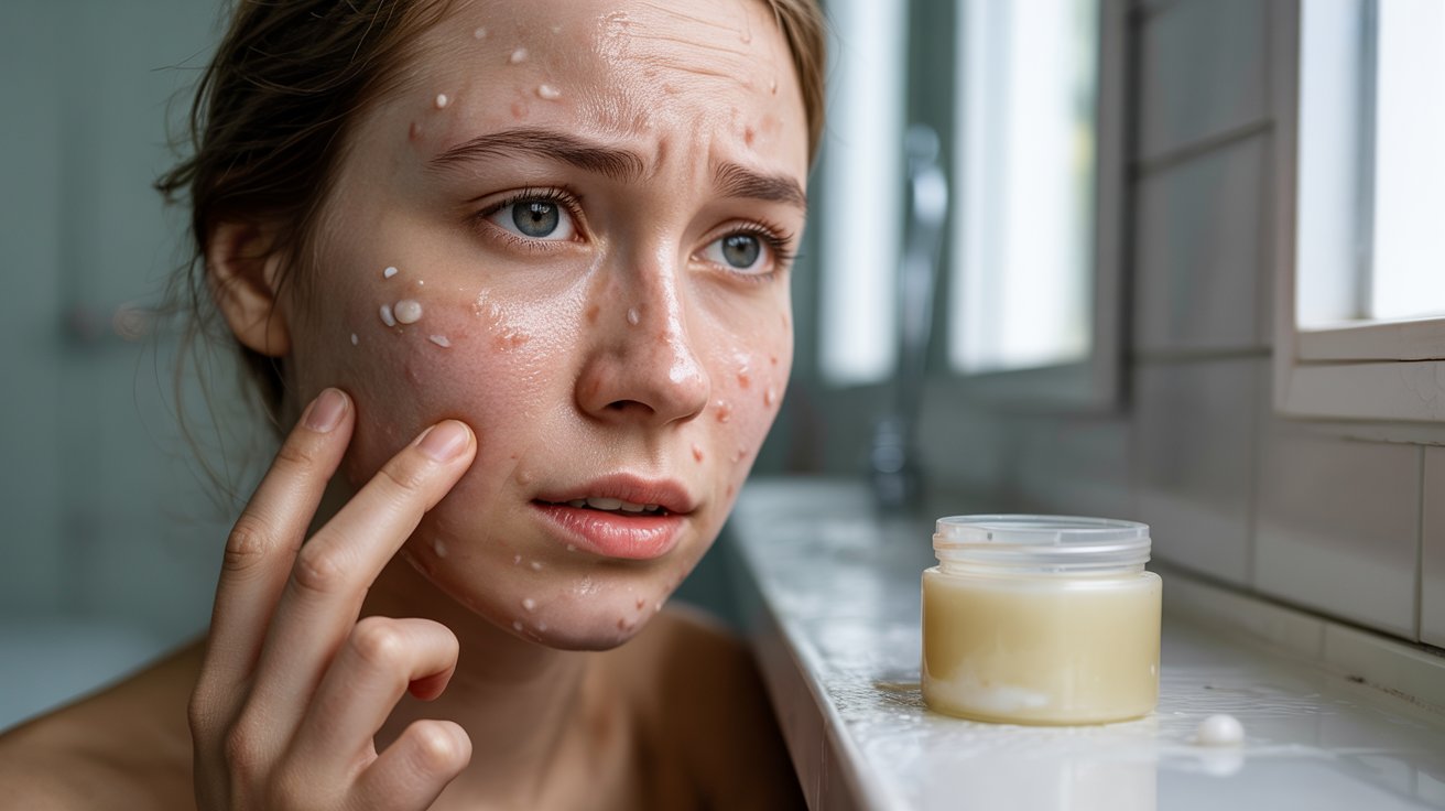 A woman examines her face while holding a jar of cream, contemplating her skincare routine.