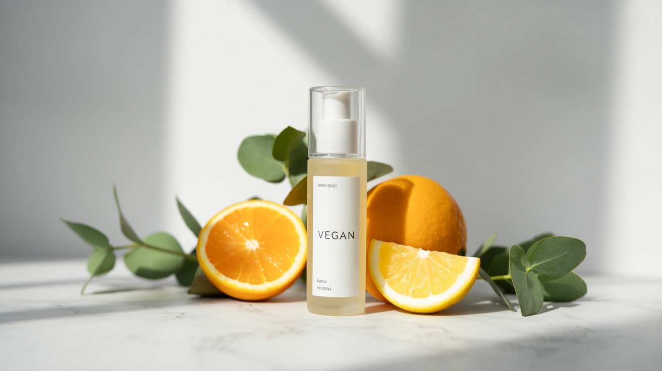 A bottle of organic skin care next to a fresh orange slice, highlighting natural ingredients and vibrant colors.
